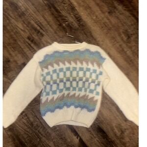 Vintage JJ Fargo Hand Knitted Sweater Womens Large Cream Blue Geometric Ramie